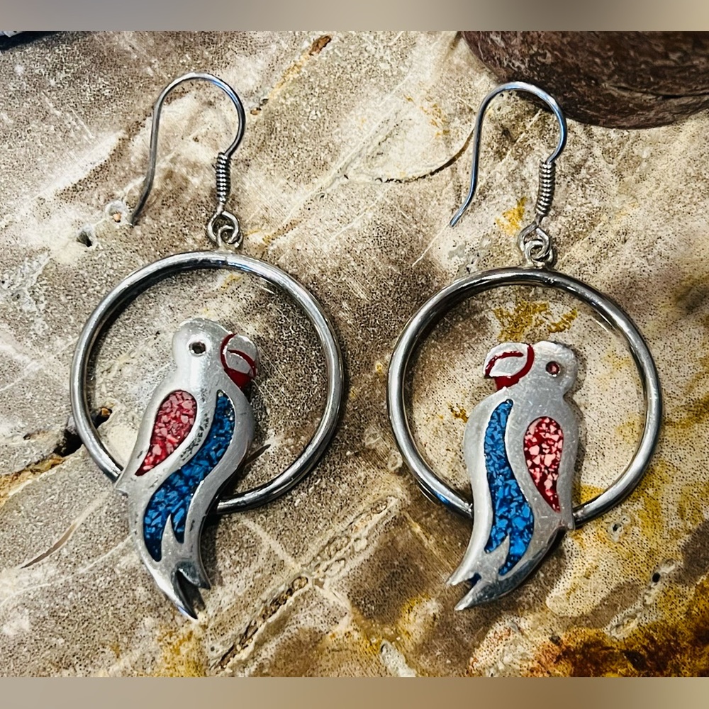 Authentic Taxco Sterling- Mexico 925 Silver- Parrot Earrings With Wire Hook 2.5”